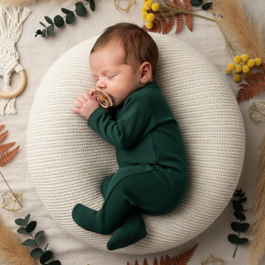 Kit: Body Kimono Recém-Nascido à 3 Meses + Calça de Pezinho Recém-Nascido à 3 Meses - Algodão Premium Liso Verde Mate
