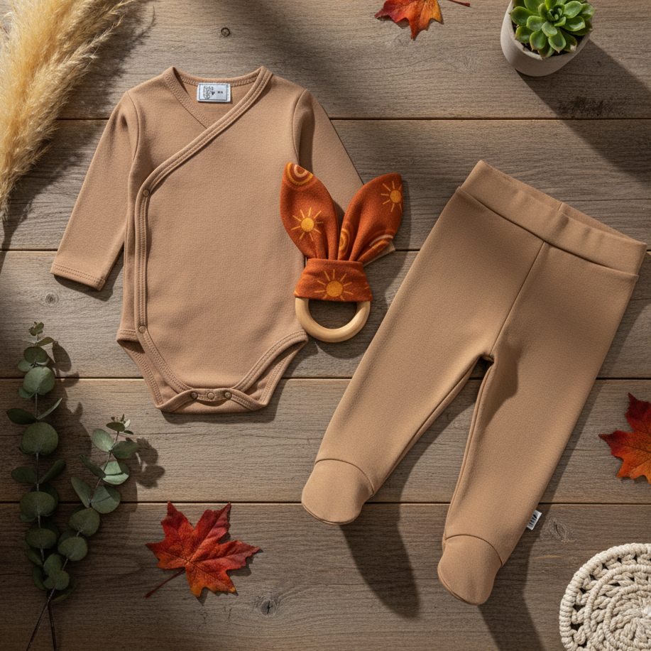 Kit: Body Kimono Recém-Nascido à 3 Meses + Calça de Pezinho Recém-Nascido à 3 Meses - Algodão Premium Liso| Bege Clássico