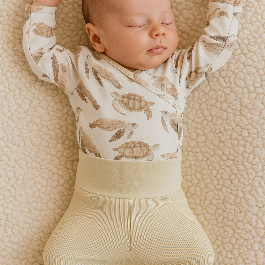 Kit Recém-Nascido – Calça com Pezinho Areia Canelada + Body Kimono Tartaruga Unissex