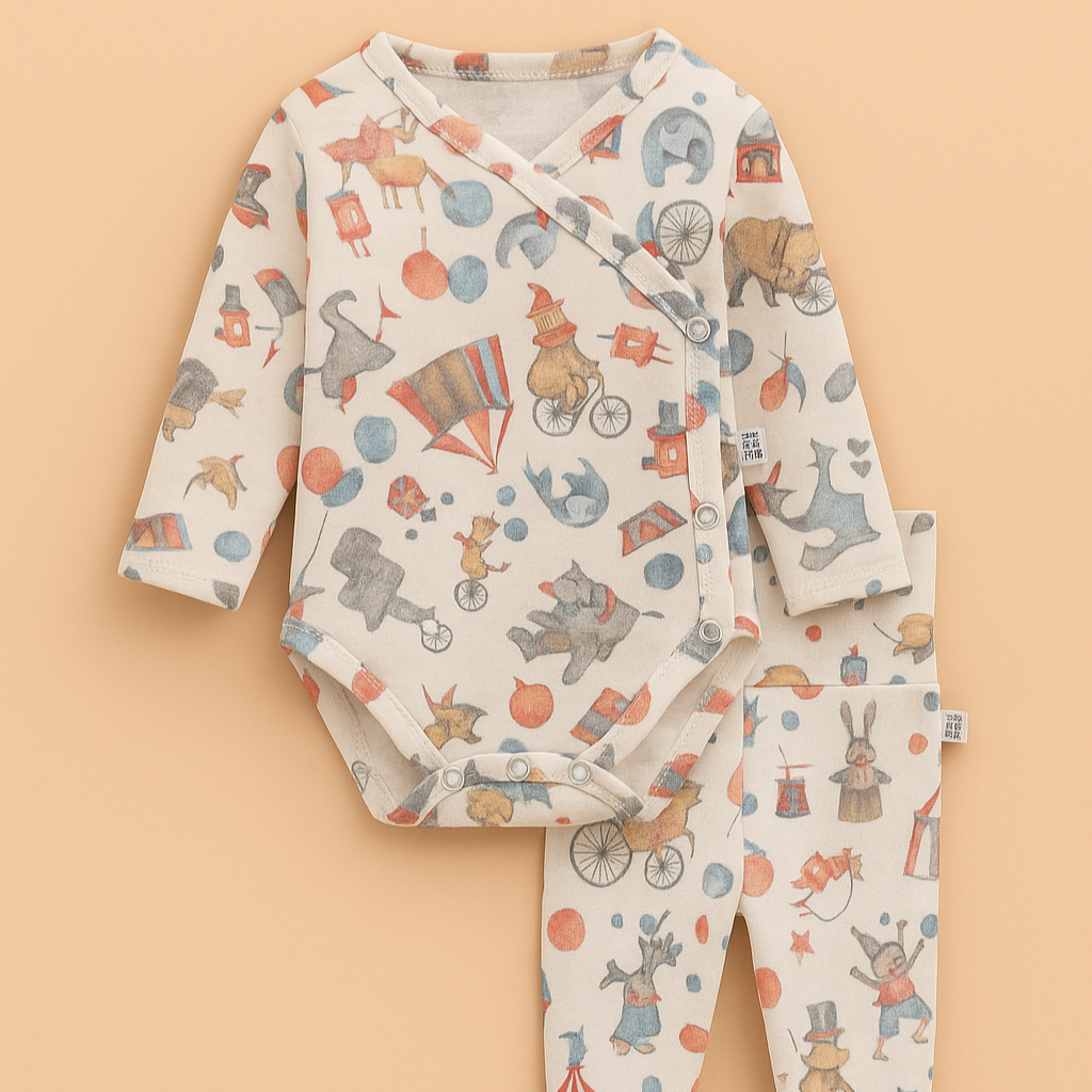 Kit Recém-Nascido – Calça com Pezinho + Body Kimono Unissex - Malha Algodão Estampada