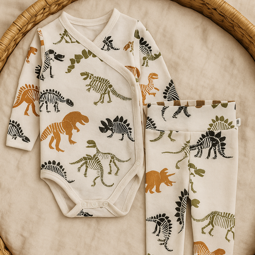Kit Recém-Nascido – Calça com Pezinho + Body Kimono Unissex - Malha Algodão Estapada | Fósseis