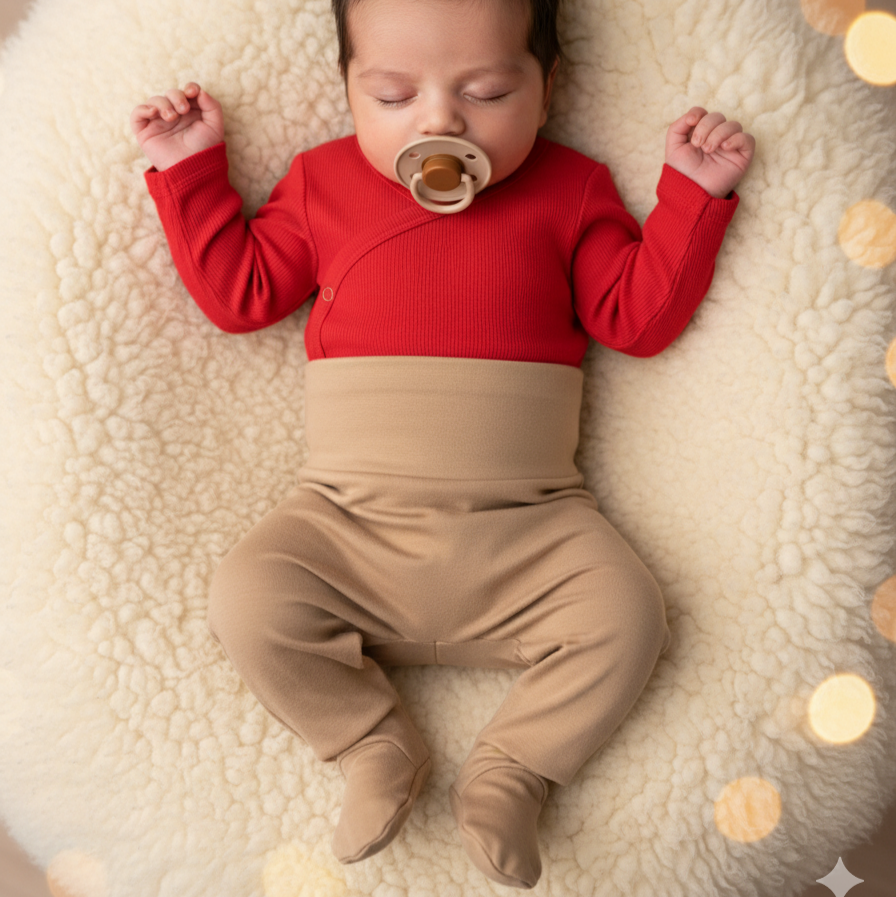 Look_1_kit_Recem_Nascido - body vermelho e calca bege