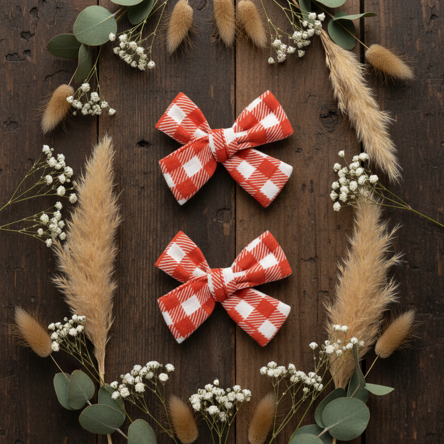 Par de Presilhas de Cabelo Infantil Algodao Canelado  Premium Liso flat lay cor plaid  classico branco com vermelho