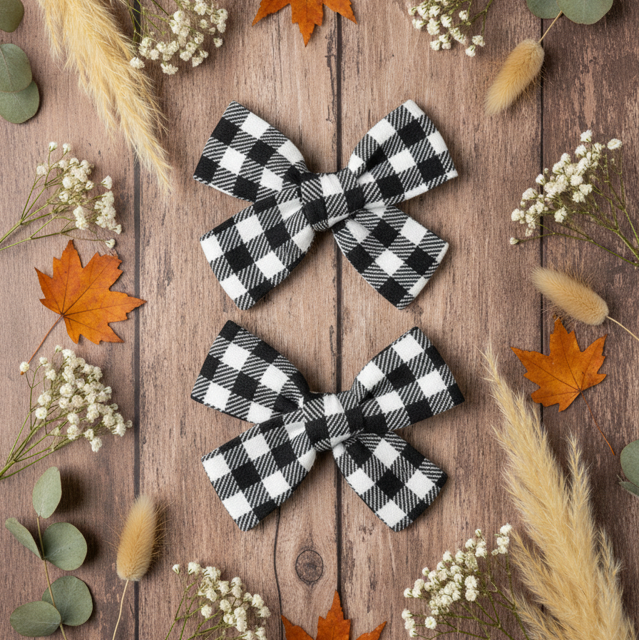 Par de Presilhas de Cabelo Infantil - Algodão Stretch Estampa Exclusiva | Plaid Clássico Branco e Preto