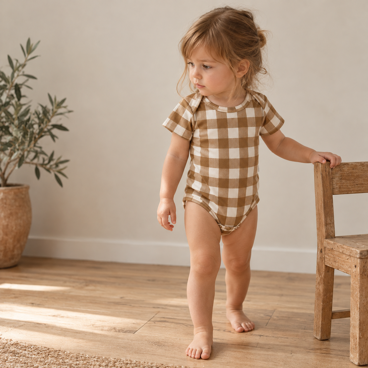 Body Manga Curta - Cotton Adapt | Vichy Marrom Clássico