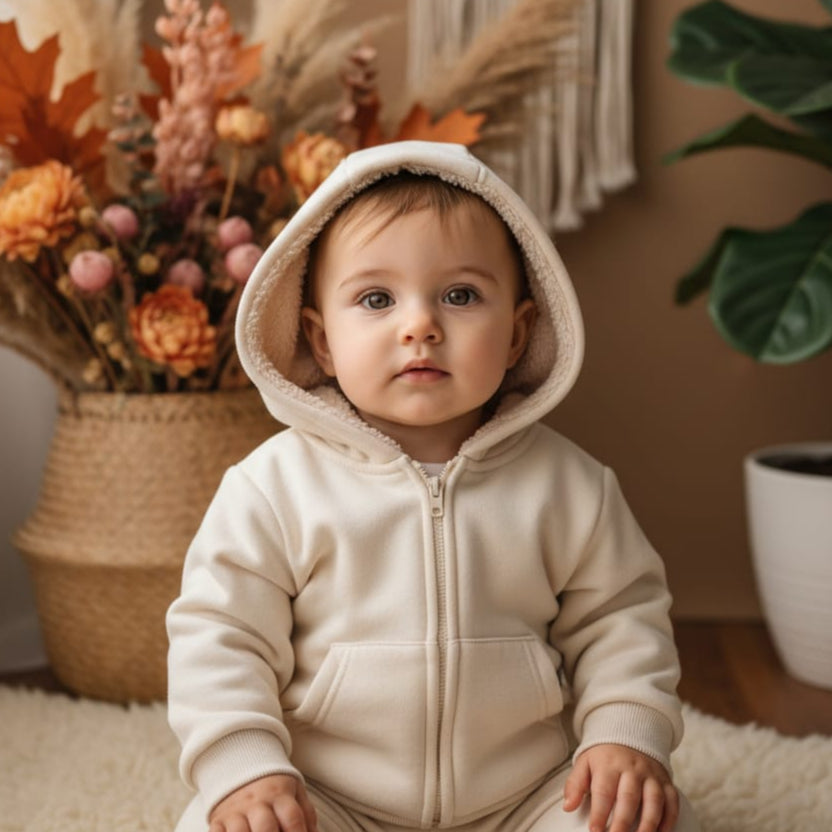 Jaqueta Bebê/Infantil Com Capuz e Forro Peluciado Grosso Areia Claro | Cor Externa Off White