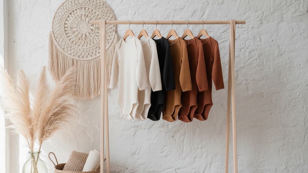 agora transforme em bodies para bebe de manga longa e nao coloque moveis, apenas uma imagem de uma parede rustica ao fundo e elementos boho