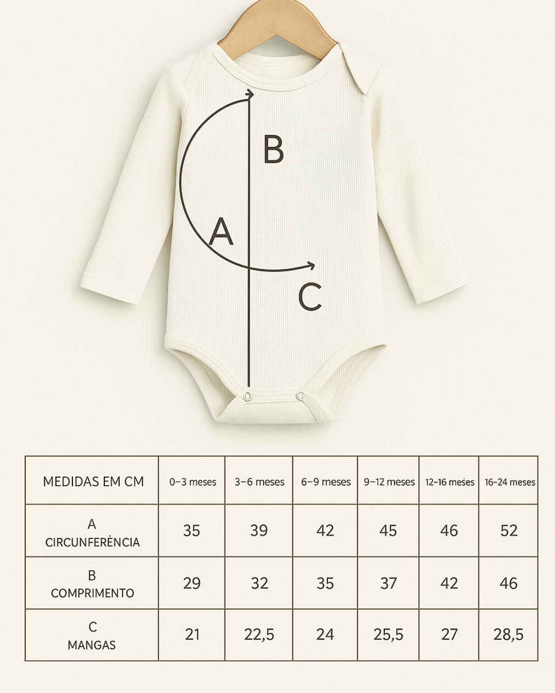 Body Bebê e Infantil Unissex Manga Longa – Tecido Canelado Premium Liso | Cor Offwhite