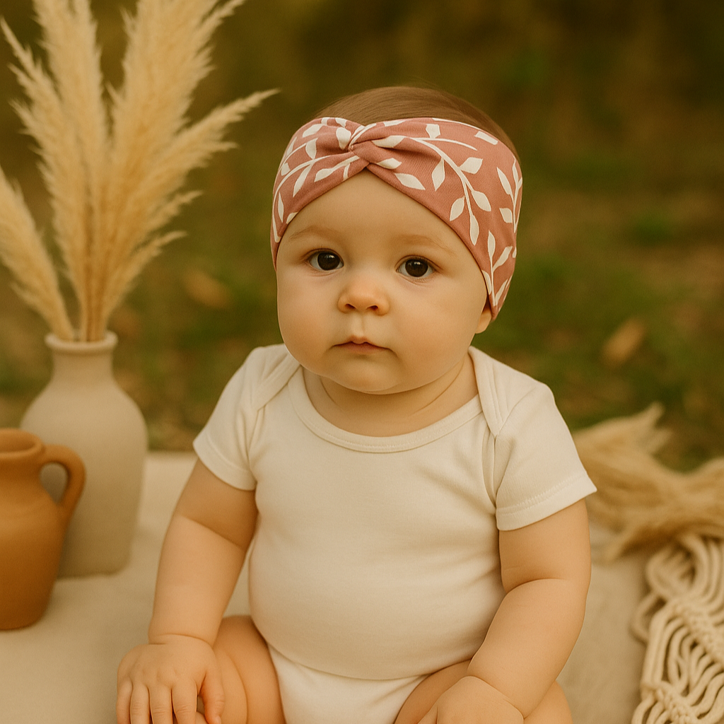 Bebê de 6 meses usando faixinha de cabelo estampa galhos em algodão premium, sentada ao ar livre com elementos boho chic ao redor