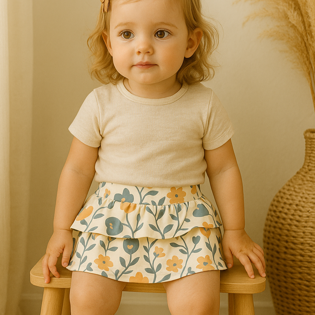 Bebê usando bandana babador unissex com estampa floral antigo, feita em algodão estampado premium, com visual delicado e retrô.

