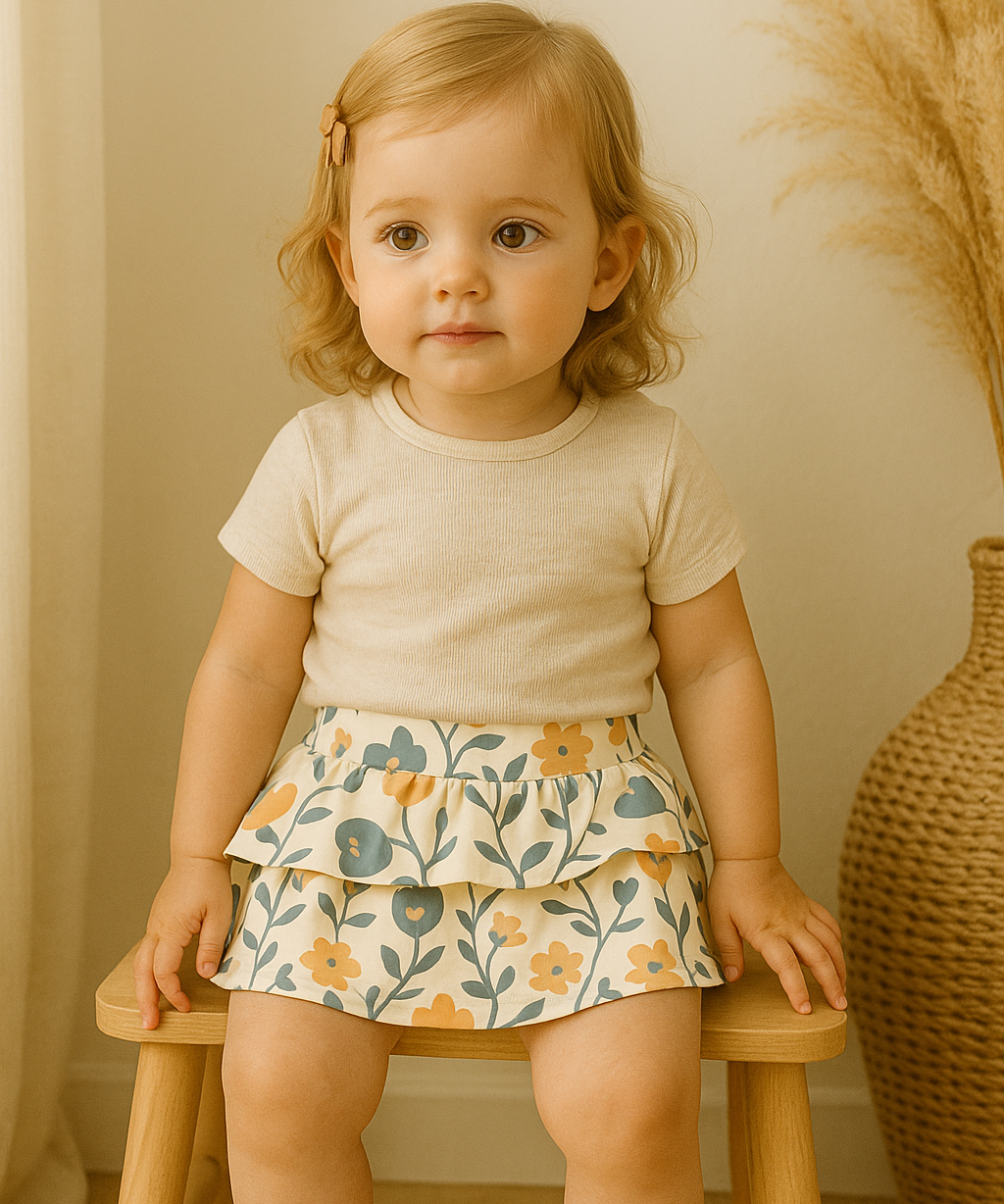 Bebê usando bandana babador unissex com estampa floral antigo, feita em algodão estampado premium, com visual delicado e retrô.

