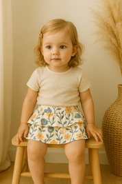 Bebê usando bandana babador unissex com estampa floral antigo, feita em algodão estampado premium, com visual delicado e retrô.

