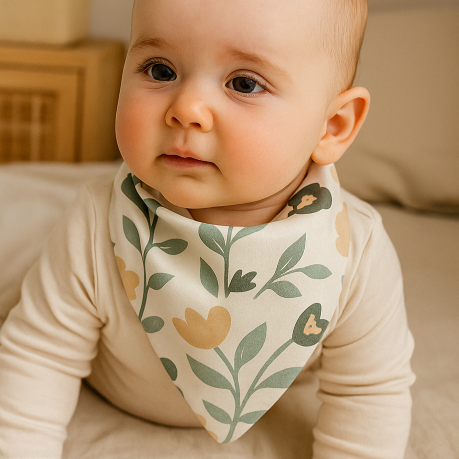 Bebê usando bandana babador unissex com estampa floral antigo, feita em algodão estampado premium, com visual delicado e retrô.

