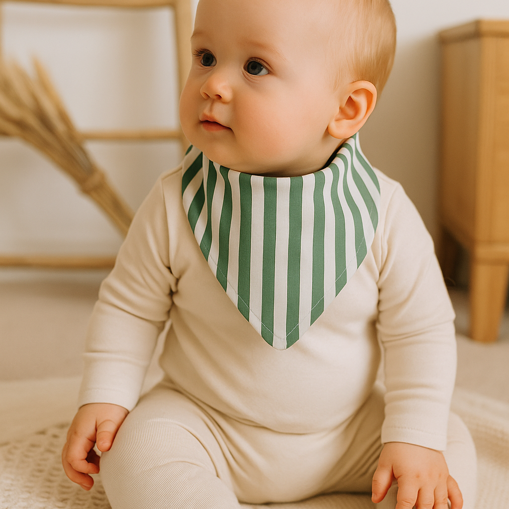 Bebê de 8 meses sentado, usando bandana babador com estampa listrada vintage em verde e branco, feita em algodão estampado premium.