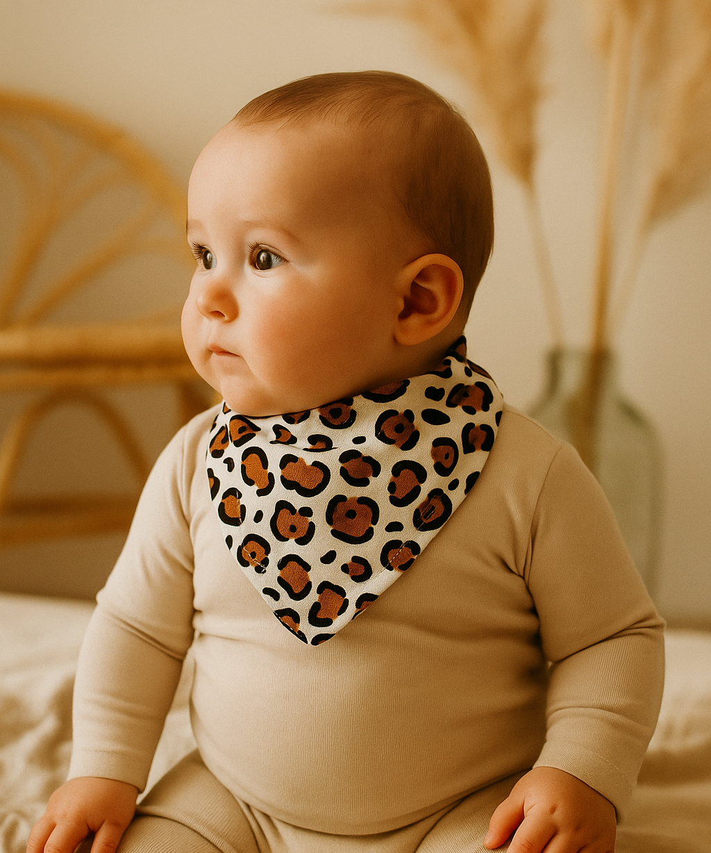 Bebê usando bandana babador com estampa de oncinha neutra, feita em algodão stretch premium, look minimalista e elegante.

