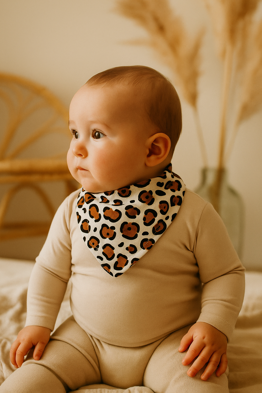 Bebê usando bandana babador com estampa de oncinha neutra, feita em algodão stretch premium, look minimalista e elegante.

