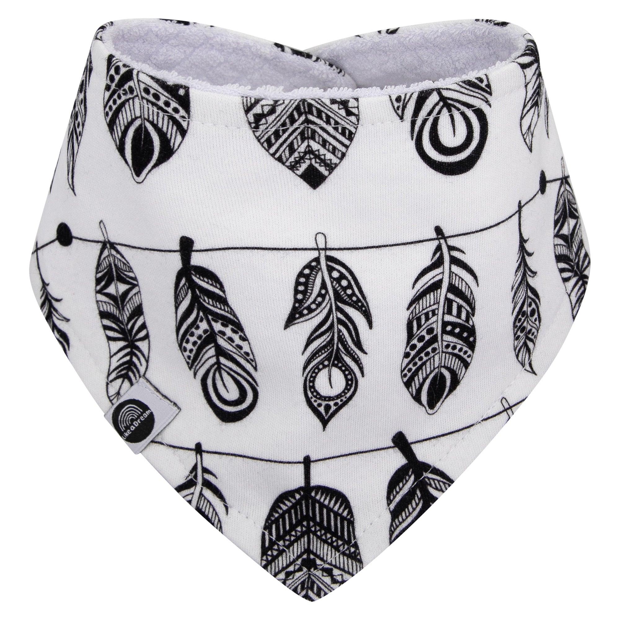 Bandana Babador Bebê Unissex – Algodão Liso Premium | Penas Boho Preto e Branco