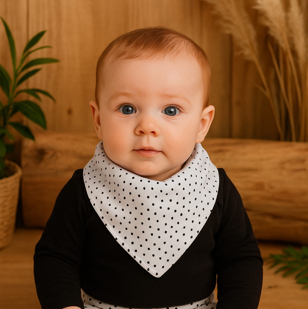 Bebê de 4 meses com olhos claros e cabelo castanho claro, usando bandana babador estampa poá e conjunto coordenado com body preto e calça branca com bolinhas pretas, sentado em ambiente com madeira pinus, folhas verdes e luz natural suave.

