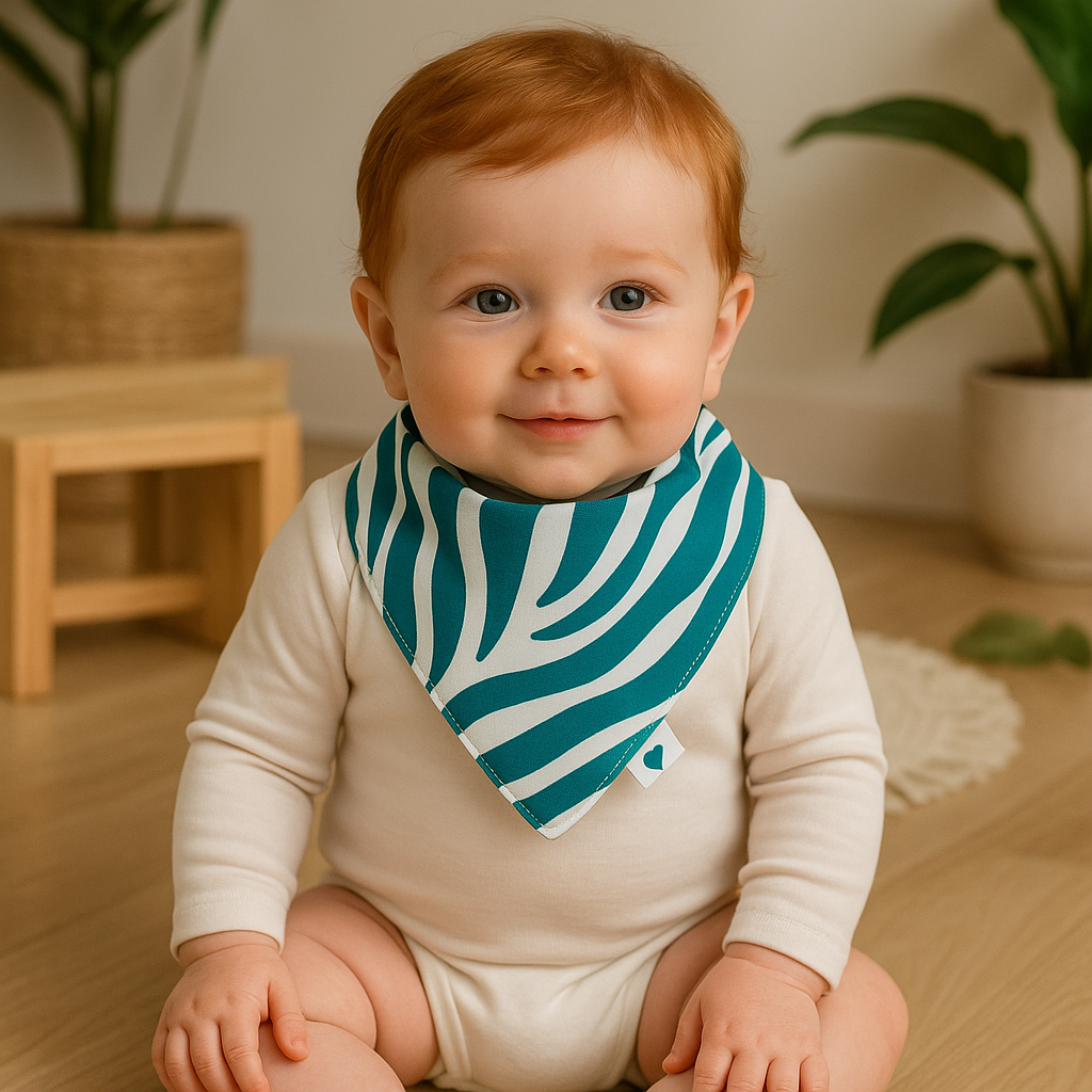 Bebê ruiva de olhos claros, sentada em ambiente acolhedor com madeira clara e plantas, usando bandana babador zebra verde e body manga longa em tom neutro.

