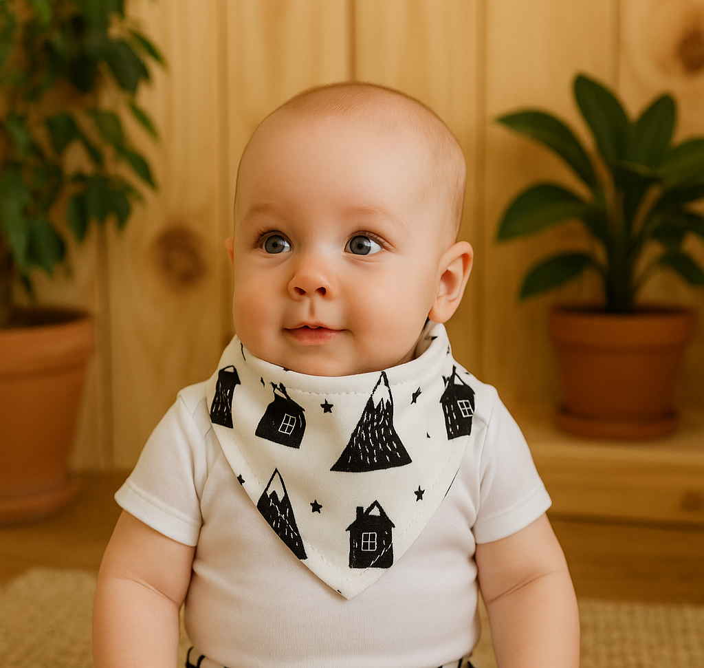 Bebê de cerca de 6 meses usando bandana babador com estampa de casinhas nórdicas, body branco e calça combinando, sentado em ambiente acolhedor com madeira pinus e plantas naturais ao fundo.

