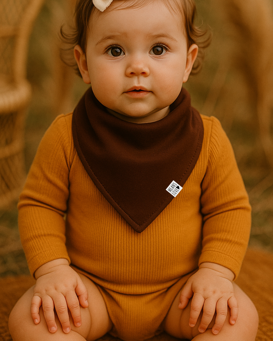 Bebê de 9 meses com bandana babador marrom café da Means Love Baby, vestindo body bege claro em cenário natural com luz suave e elementos boho.


