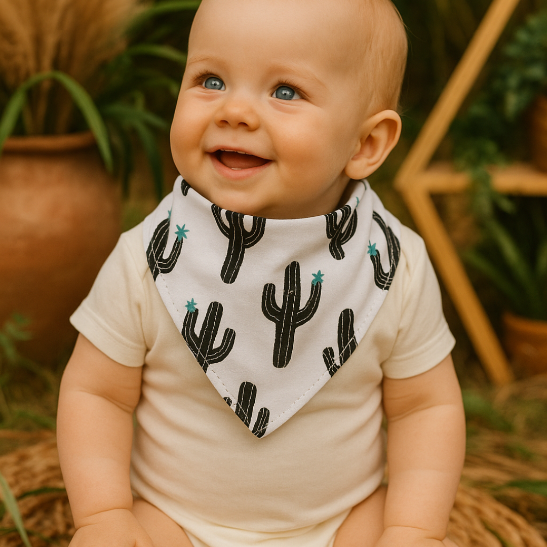 Bandana babador unissex para bebê em algodão premium, estampa de cactos pretos com detalhes azul-petróleo, forro atoalhado branco, estilo boho chic e acabamento refinado.