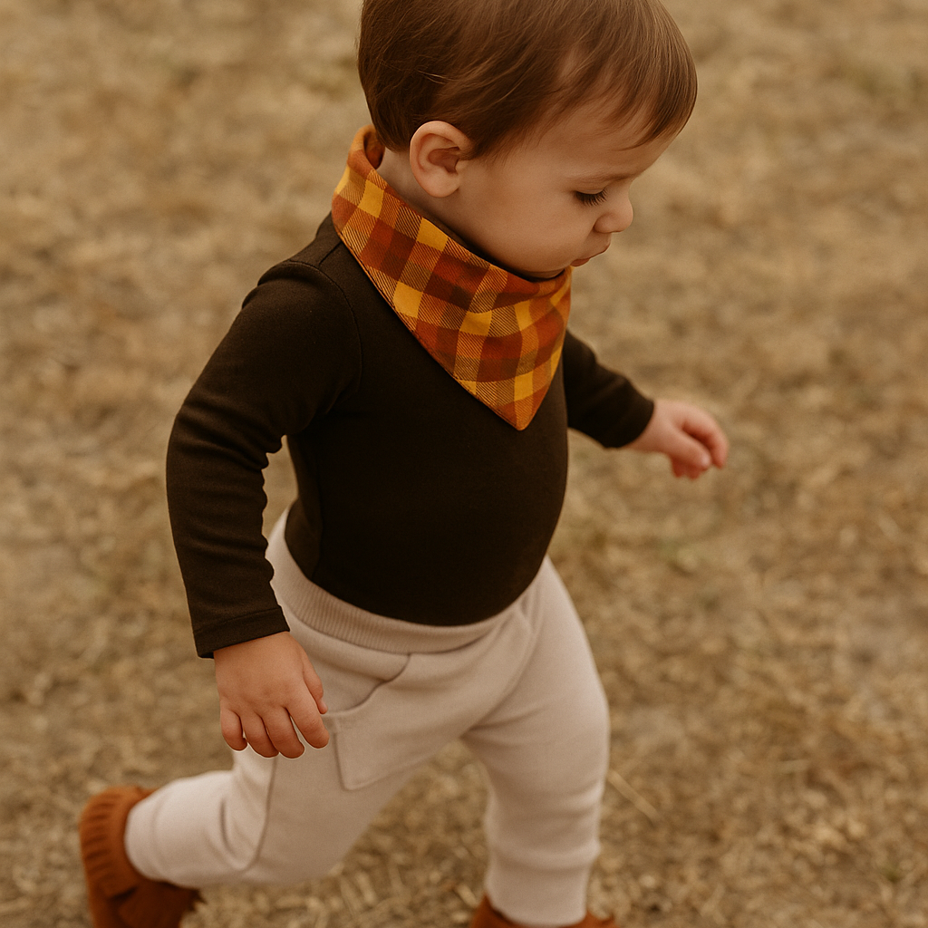 bandana xadrez outonal babeiro babador bebe laranja amarelo atoalhado absorvente