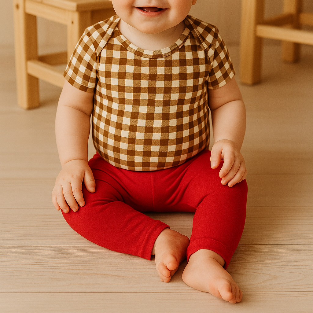 Bebê de 18 meses com camiseta branca de corações pretos e legging vermelha, sentada sobre tapete com móveis de madeira e planta ao fundo.





