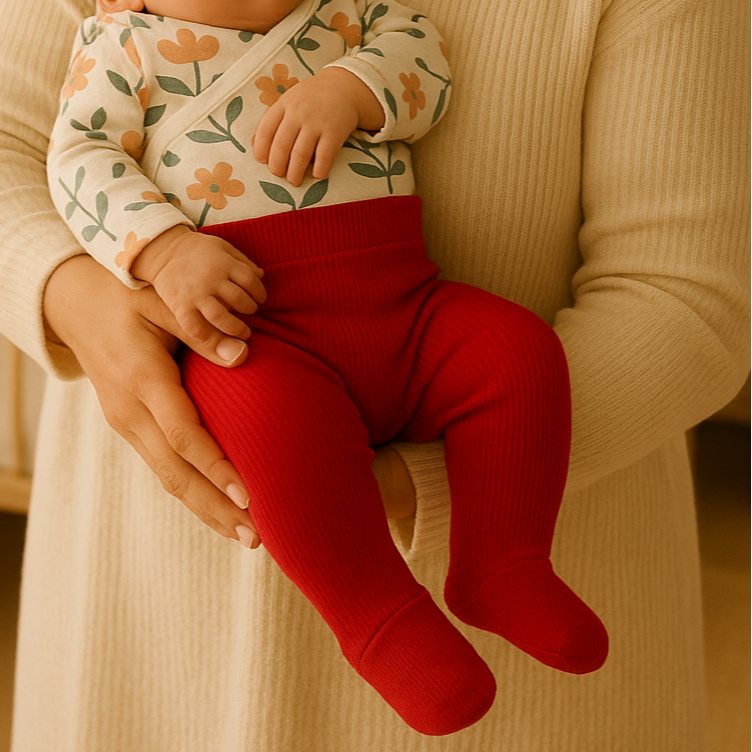 bebe recem nascido usando calca canelada recem nascido pezinho vermelho escuro