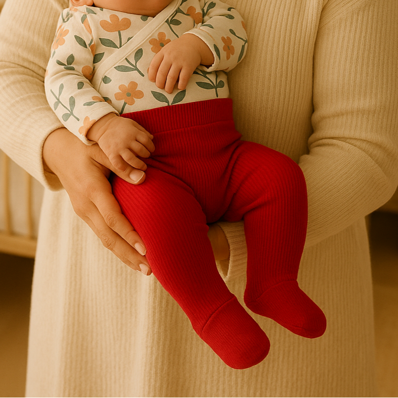 bebe recem nascido usando calca canelada recem nascido pezinho vermelho escuro