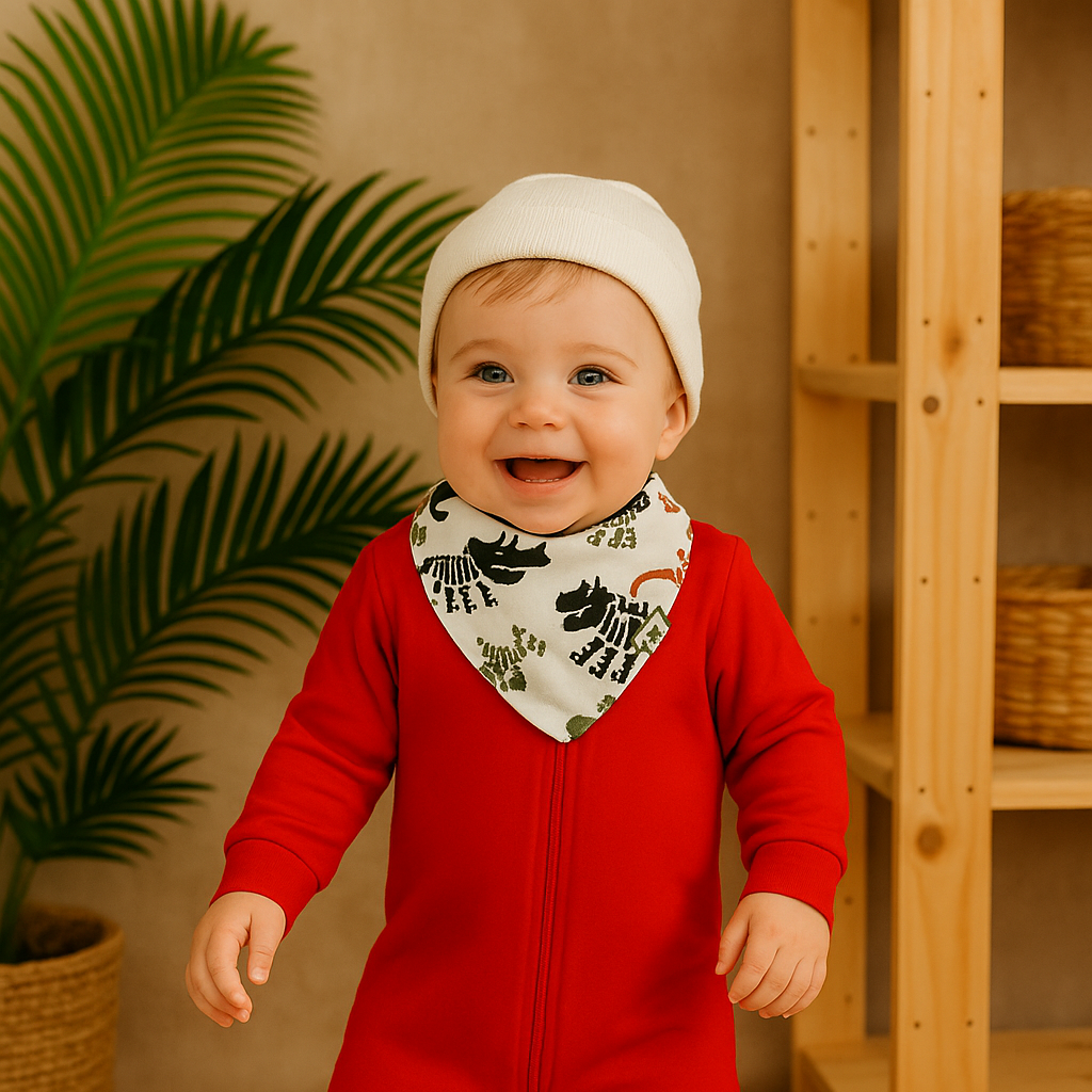 bebe usando macacao vermelho e bandana fosseis e touca offwhite