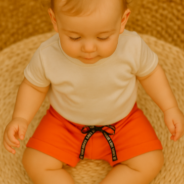 Bermuda infantil masculina em algodão liso, cor laranja vibrante, com cordão preto escrito “Means Love Baby” – moda confortável para bebês e meninos.

