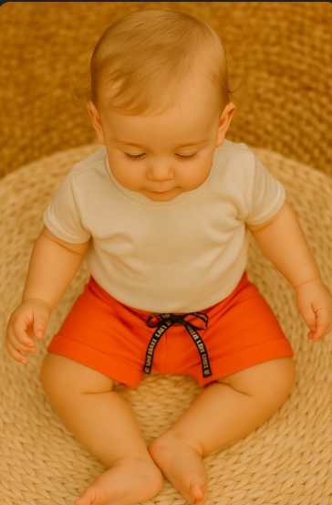 Bermuda infantil masculina em algodão liso, cor laranja vibrante, com cordão preto escrito “Means Love Baby” – moda confortável para bebês e meninos.

