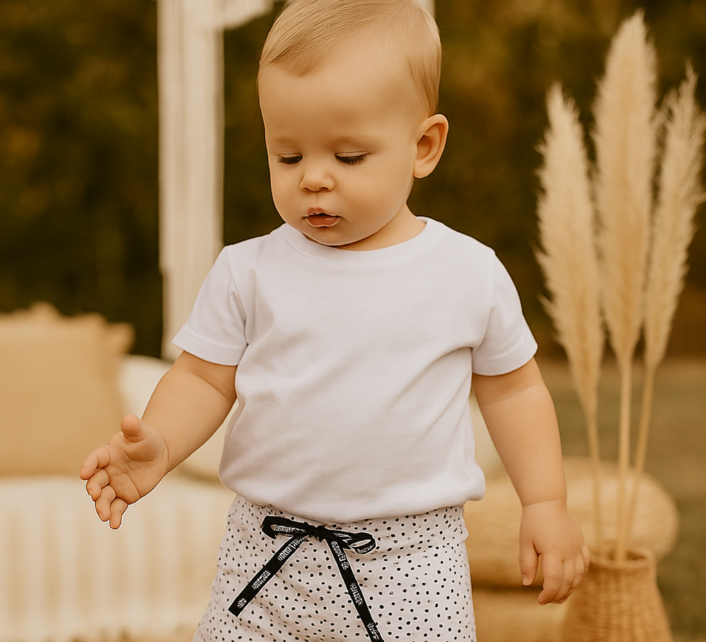 Bermuda infantil branca com estampa de poás pretos e laço preto personalizado, confeccionada em malha de algodão stretch confortável.

