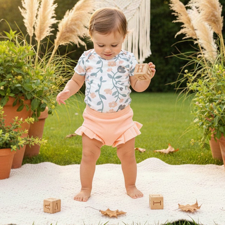 Short Bebê e Infantil Plissado Menina – Malha Stretch Liso | Salmão Bebê