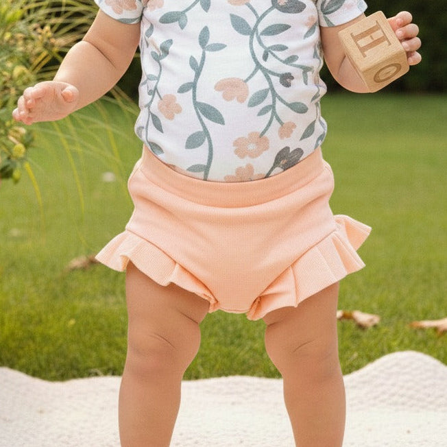 Short Bebê e Infantil Plissado Menina – Malha Stretch Liso | Salmão Bebê