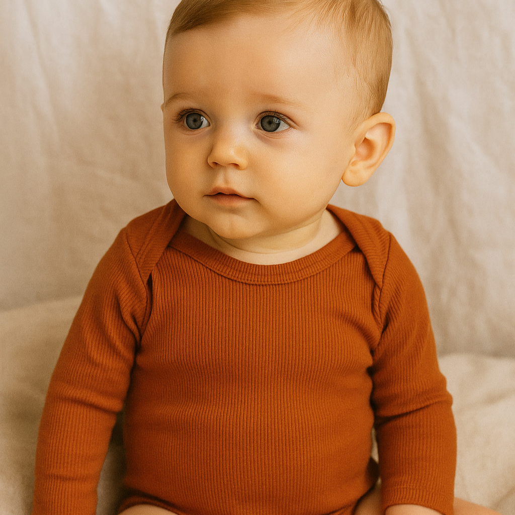 Body canelado premium cor doce de leite em bebê sentado, com luz suave e fundo neutro de linho, transmitindo conforto e elegância.

