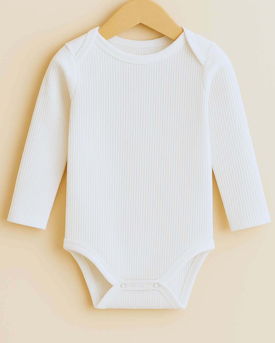 Body de bebê manga longa branco em tecido canelado premium, estilo minimalista e unissex, ideal para conforto diário.
