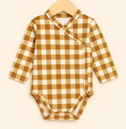 Kit: Body Kimono Recém-Nascido à 3 Meses | Xadrez Marrom + Calça de Pezinho Recém-Nascido à 3 Meses | Marrom Café