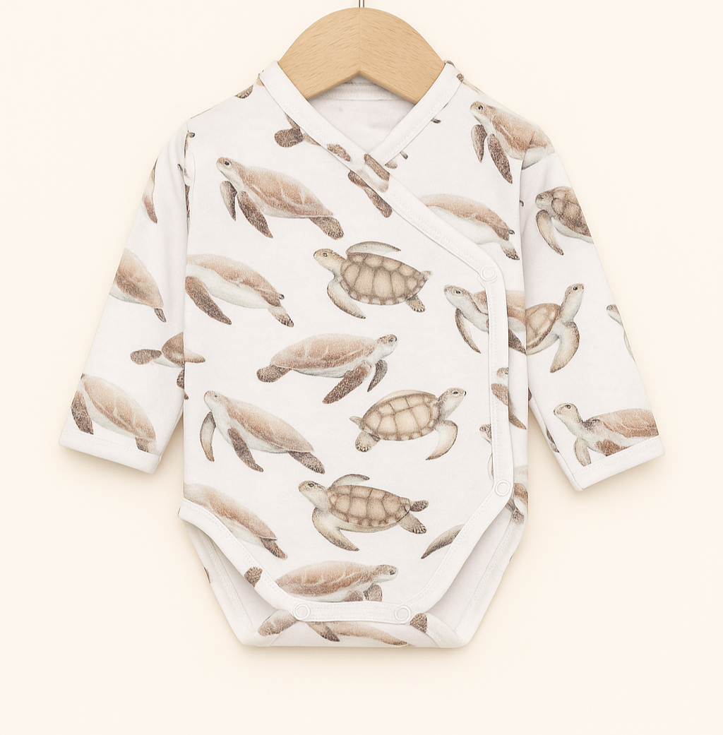 Body Kimono Bebê Recém-Nascido Unissex - Algodão Premium Estampa Exclusiva | Tartarugas Aquareladas