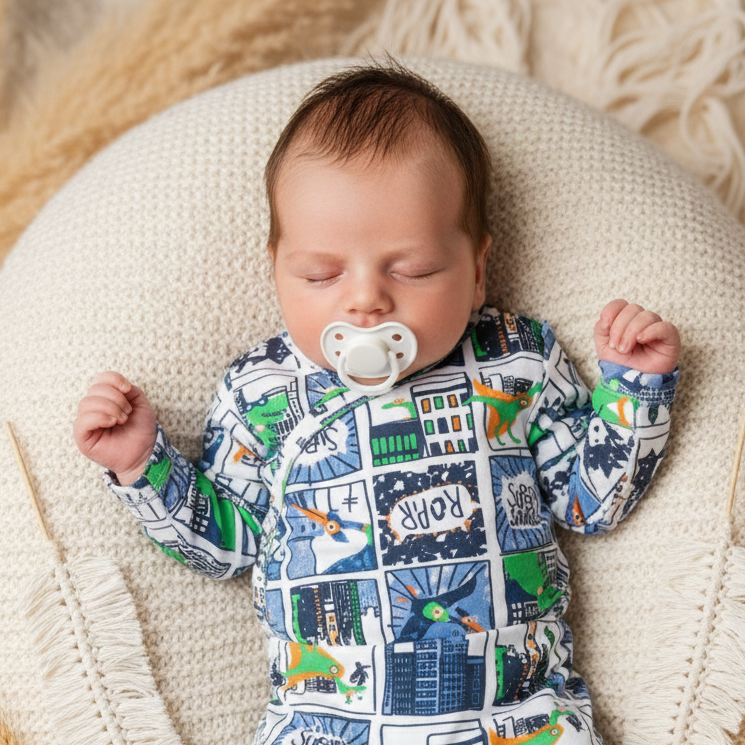 body_kimono_malha_de_algodao_estampada_cartoon_recem_nascido bebe rn usando