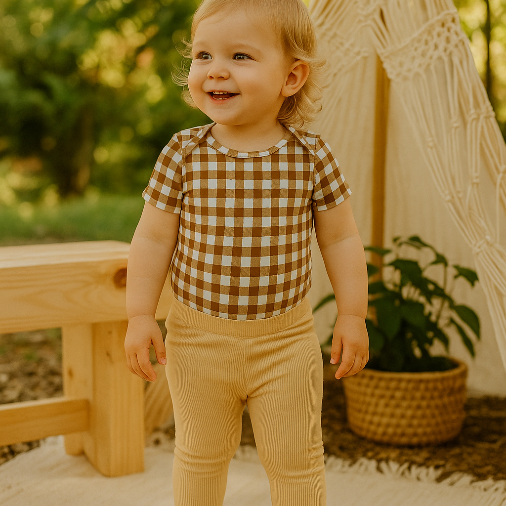 Body Infantil Unissex Manga Curta – Cotton Premium Estampa Exclusiva | Vichy Marrom Clássico