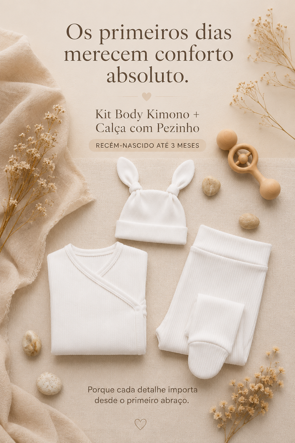 Kit Body Kimono + Calça com Pezinho – Recém-Nascido à 3 Meses | Algodão Canelado - Branco Puro