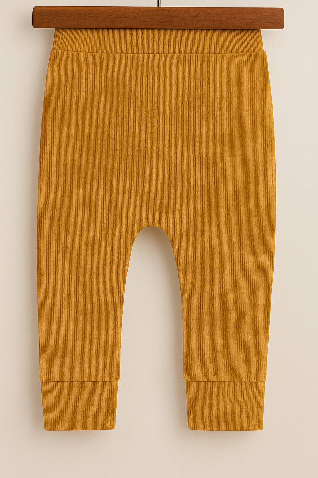 Calça bebê de tecido canelado na cor telha, com cós largo e acabamento confortável sem bolso.