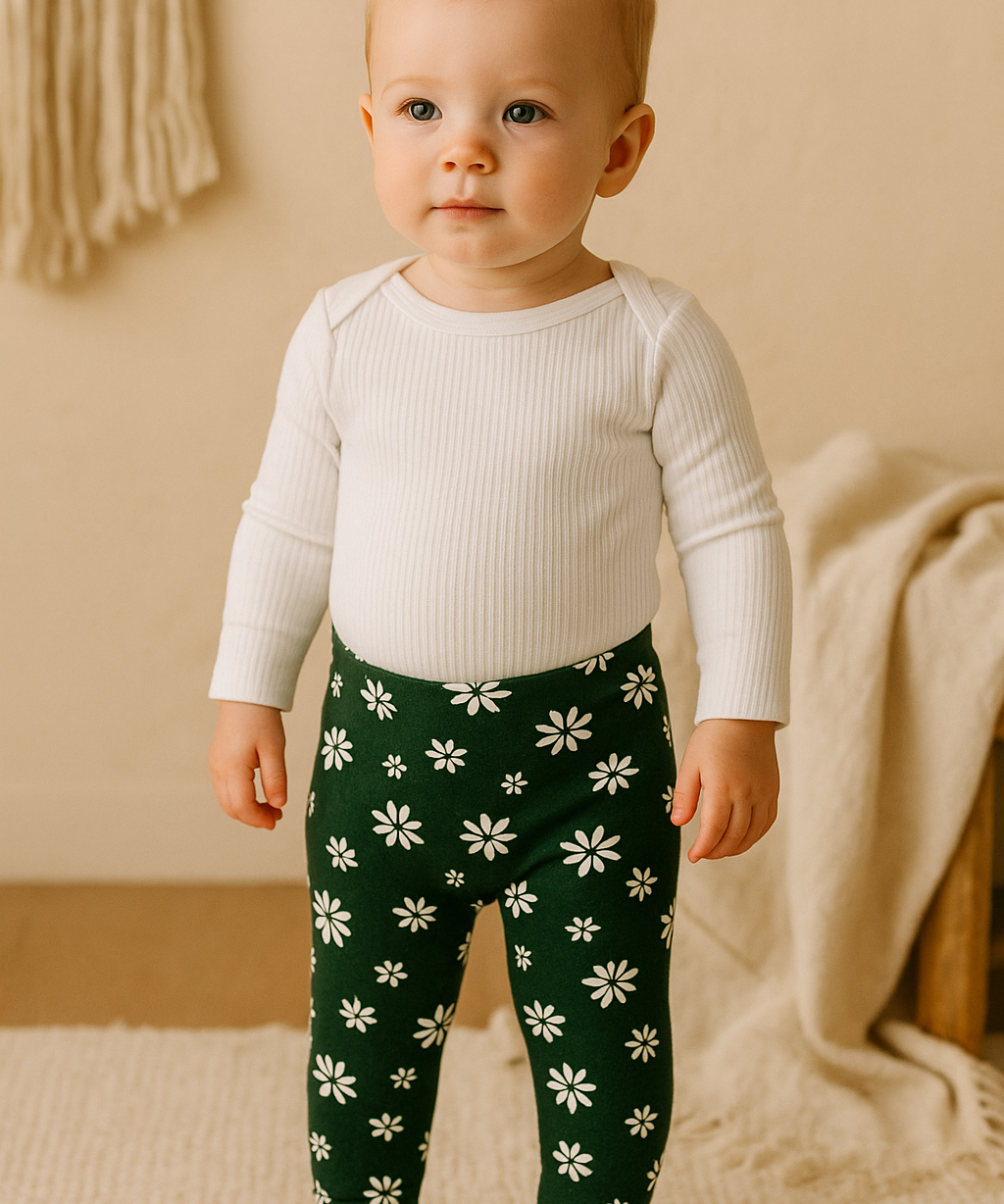 Bebê pequeno de pé sobre tapete de linho bege, usando calça verde com estampa floral branca da coleção Daisy da Means Love Baby.

