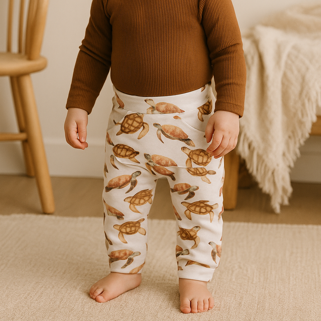 Bebê pequeno de pé sobre tapete de linho bege, vestindo body canelado marrom de manga longa e calça infantil com estampa de tartarugas em fundo off-white da coleção Means Love Baby.

