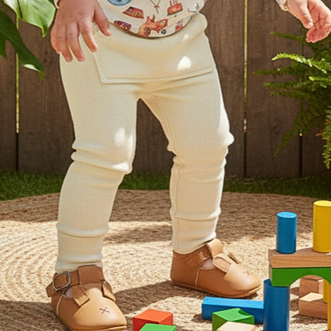 Calça infantil para bebê off white lisa em algodão canelado com bolso canguru frontal, modelo confortável e minimalista