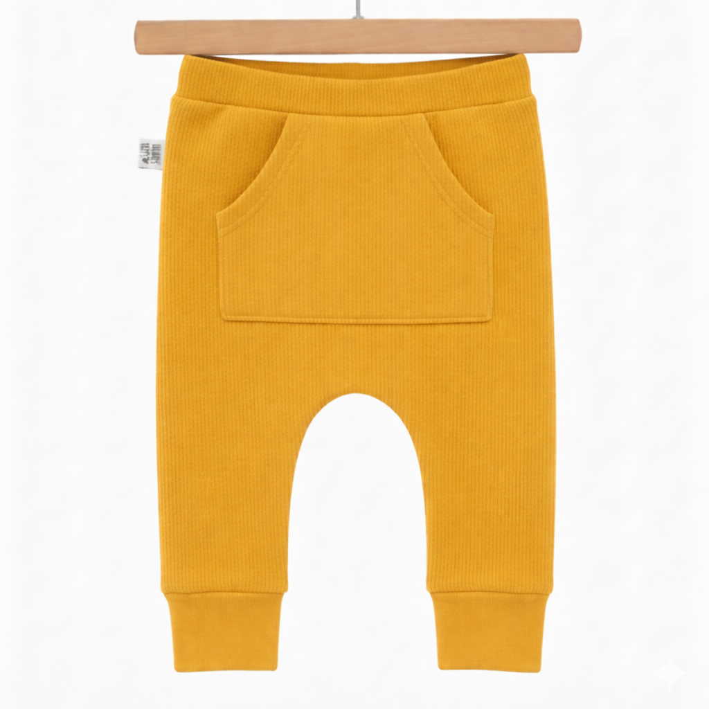 calça bolso canguru unico frontal canelada algodao infantil bebe lisa cor mostarda