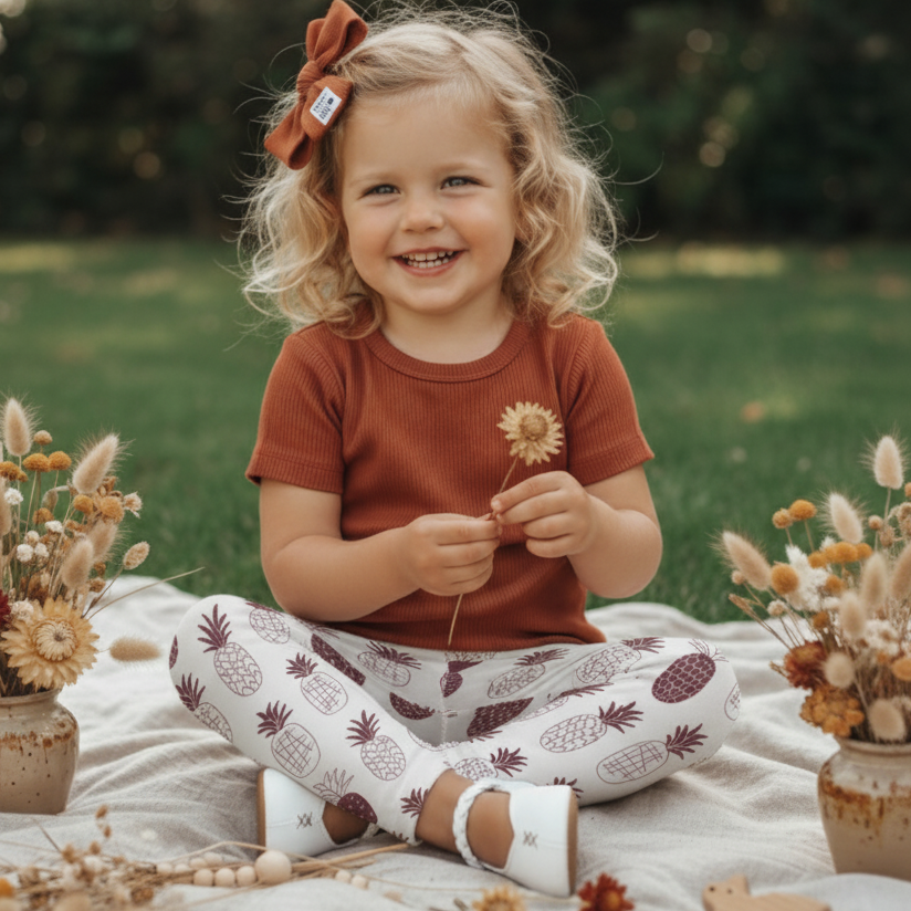 calca legging bebe infanti menina estampa exclusiva abacaxi boho menina no campo vestindo