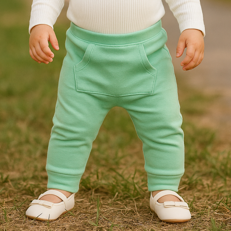 Calça Bebê/ Infantil Unissex Com Bolso Canguru - Malha Algodão Lisa | Menta
